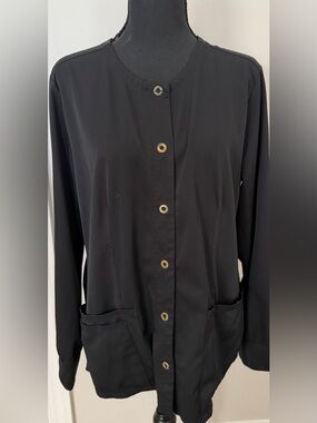 healing hands Black Button-Front Medical Scrub Jacket